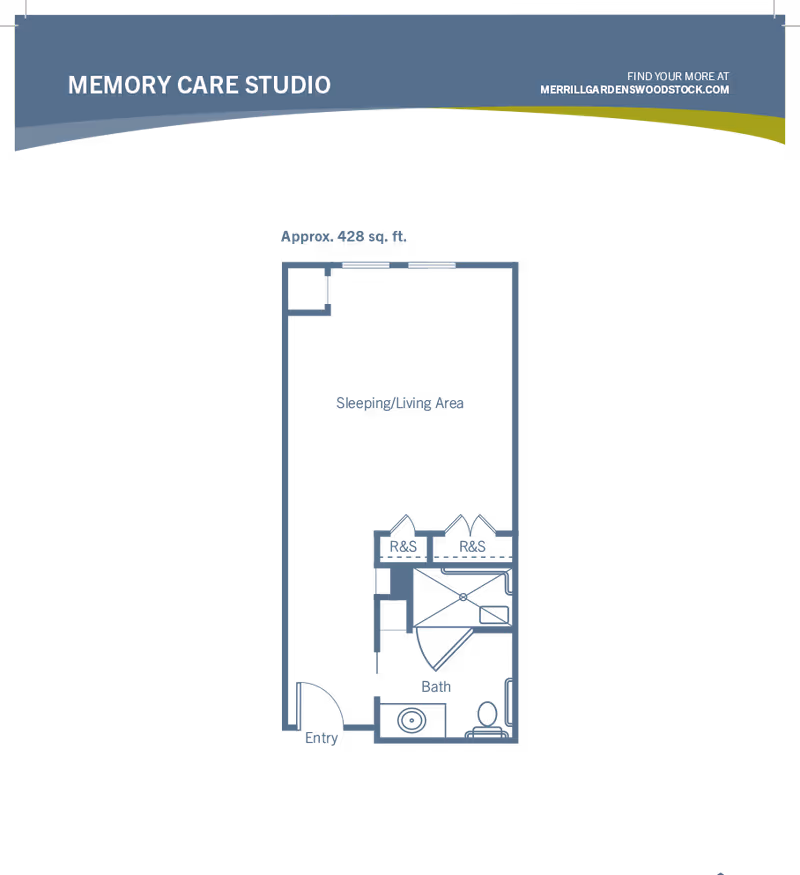 Floor plan of a Memory Care Studio at Merrill Gardens at Woodstock, showing an approximate area of 428 square feet. The layout includes an entry, a sleeping/living area, a bathroom, and two R&S labeled spaces.