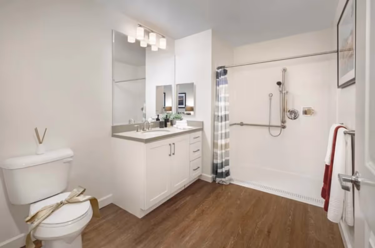 A clean and modern bathroom featuring a white toilet with a decorative ribbon, a vanity with a large mirror and countertop sink, and a walk-in shower with grab bars and a striped shower curtain. The floor has wood-like flooring and the walls are painted white.