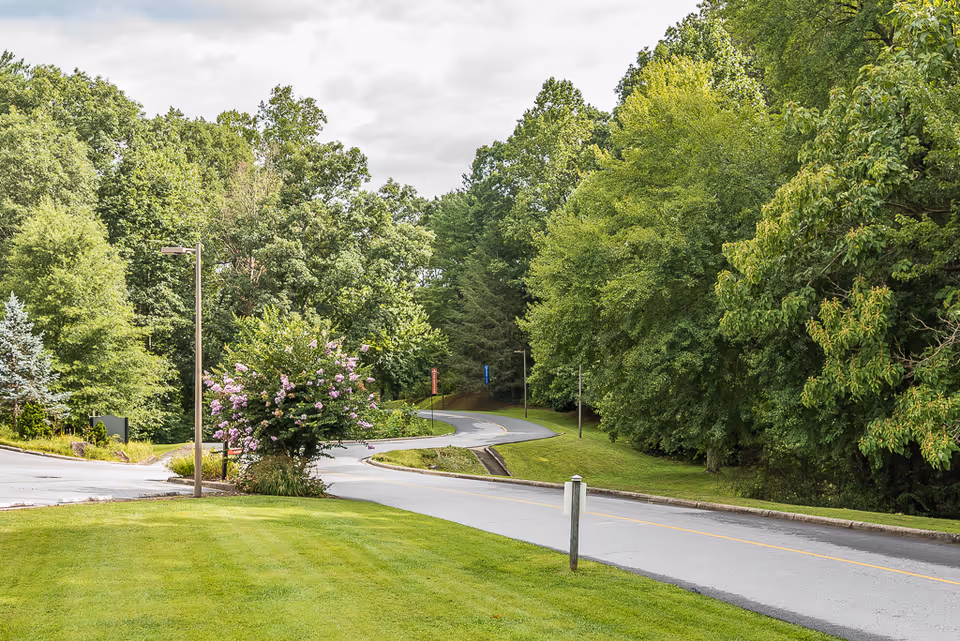 A winding paved road surrounded by lush green trees and well-maintained grassy areas under a cloudy sky, likely part of the outdoor grounds of a senior living facility.