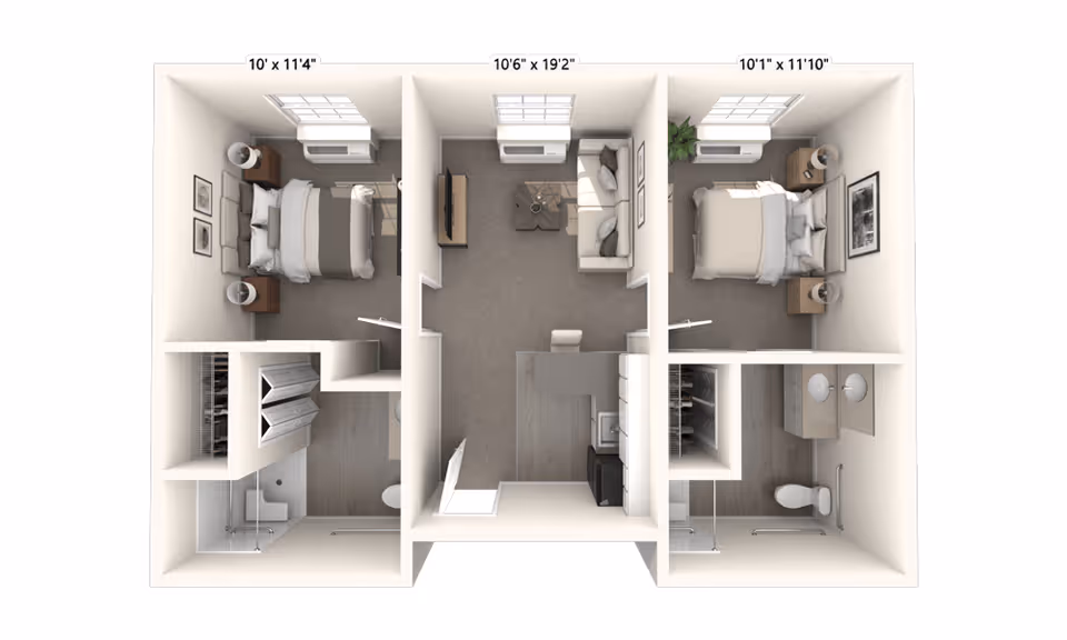 3D floor plan of a senior living apartment at Provision Living at Livonia, featuring two bedrooms each with a bed, nightstands, and windows. The center area includes a living room with a sofa, coffee table, and TV, and a kitchen with appliances and a counter. Each bedroom has an adjacent bathroom with a shower, toilet, and sink. Dimensions of each bedroom are labeled.