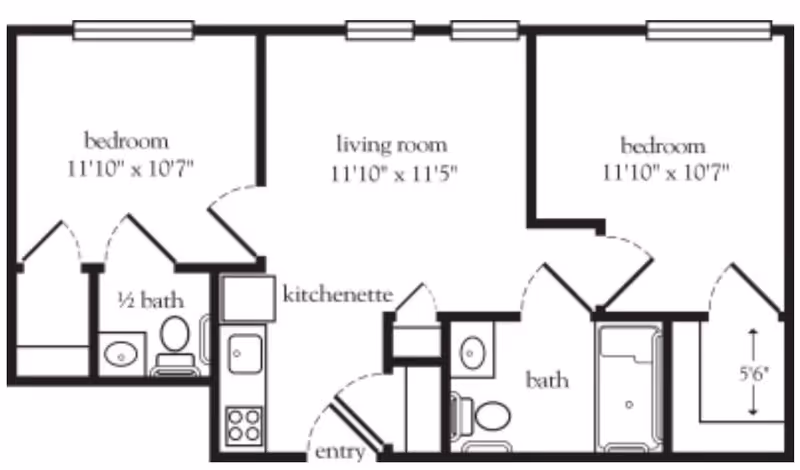 Floor plan of a living space at Atria Larson Place showing two bedrooms, a living room, a kitchenette, a half bath, a full bath, and an entry area with dimensions for bedrooms and living room.