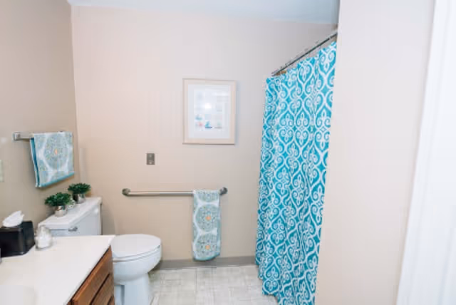 A clean bathroom with beige walls, a white toilet, a white countertop with wooden cabinets, two small potted plants, a tissue box, and a soap dispenser. There are two patterned towels hanging on metal bars and a blue patterned shower curtain covering the bathtub. A framed picture hangs on the wall above the toilet.