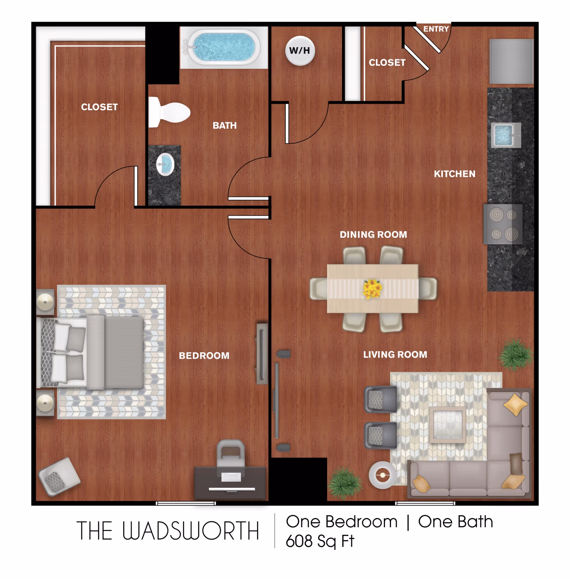 Floor plan of The Wadsworth unit at The Longfellow Senior Housing showing a one-bedroom, one-bath apartment with 608 square feet. The layout includes a bedroom with a bed, nightstands, and a chair; a bathroom with a bathtub, toilet, and sink; a kitchen with appliances and a sink; a dining room with a table and six chairs; and a living room with a sectional sofa, two chairs, a coffee table, and plants. There are two closets and an entry area.