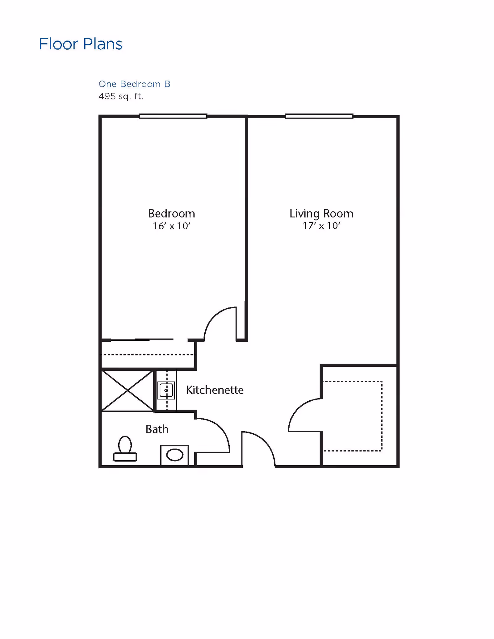 Floor plan layout of a one-bedroom apartment labeled One Bedroom B with 495 square feet. The plan shows a bedroom measuring 16 feet by 10 feet, a living room measuring 17 feet by 10 feet, a kitchenette, and a bathroom with a toilet and sink.