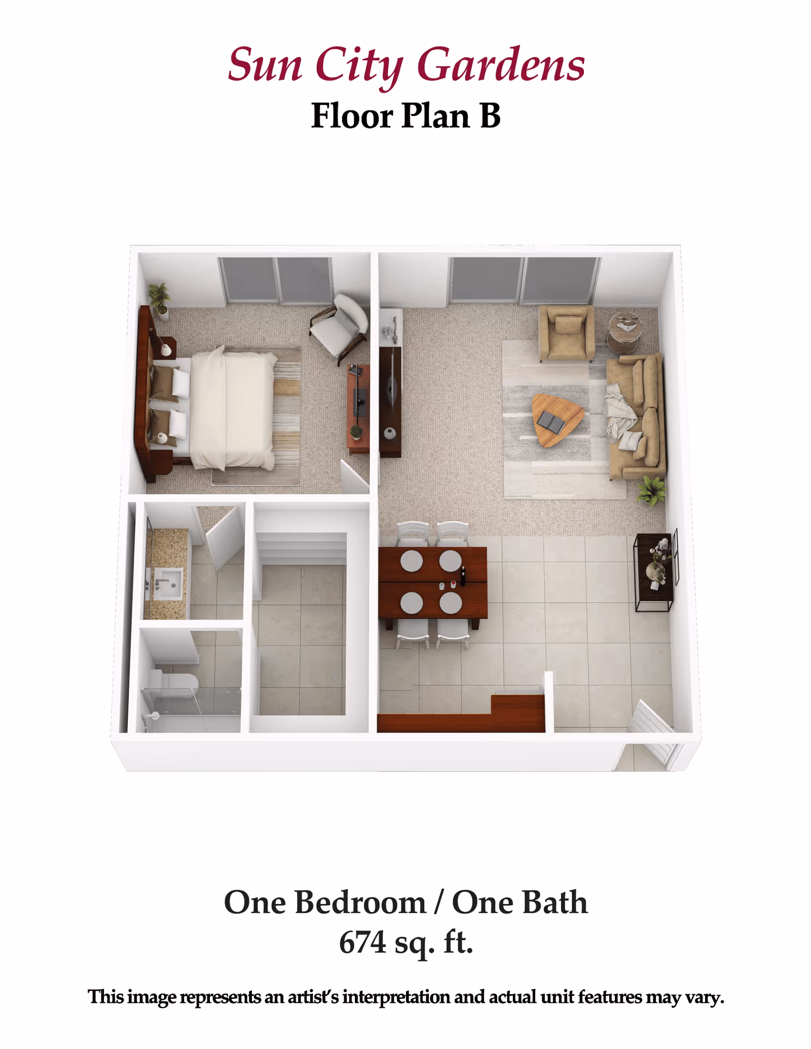 3D floor plan of a one-bedroom, one-bath apartment at Sun City Gardens labeled Floor Plan B. The layout includes a bedroom with a bed, nightstands, and a chair; a bathroom with a sink and shower; a dining area with a table set for four; and a living room with a sofa, armchair, coffee table, and TV stand. The total area is 674 square feet.