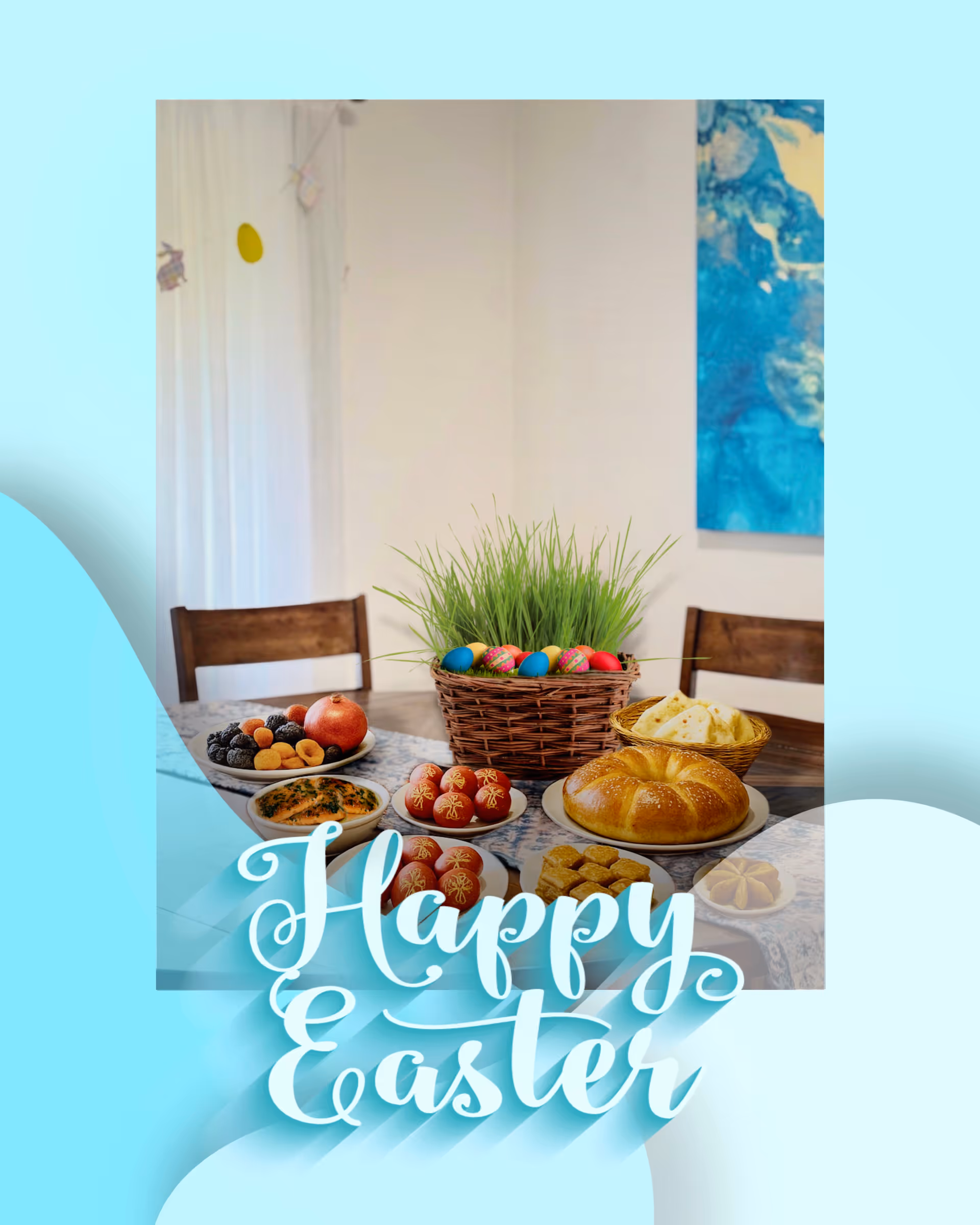 A dining table set with Easter foods and a basket of grass and colored eggs, with a "Happy Easter" text overlay.
