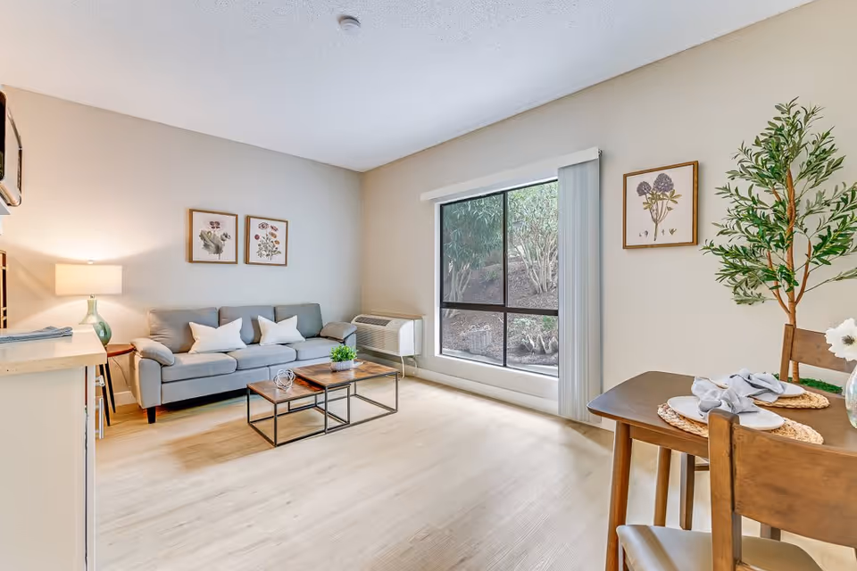 A bright and cozy living room area with a gray sofa adorned with white pillows, two framed botanical prints on the wall, a wooden coffee table with decorative items, a large window with vertical blinds showing greenery outside, a wooden dining table set with plates and napkins, and a tall potted plant in the corner.