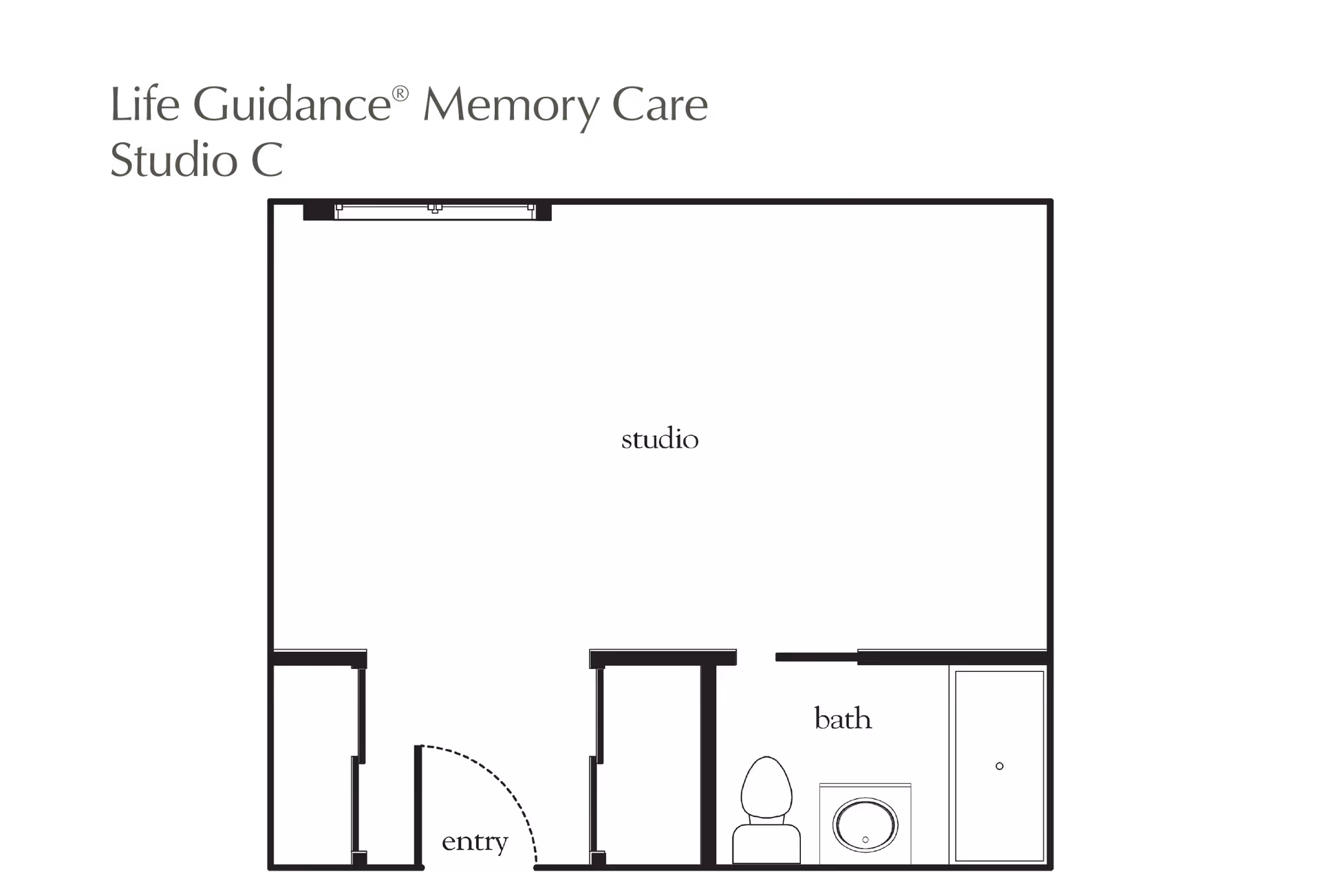 Floor plan layout of Life Guidance Memory Care Studio C at Atria Hillcrest, showing an entry area, a studio space, and a bathroom with a toilet, sink, and shower.