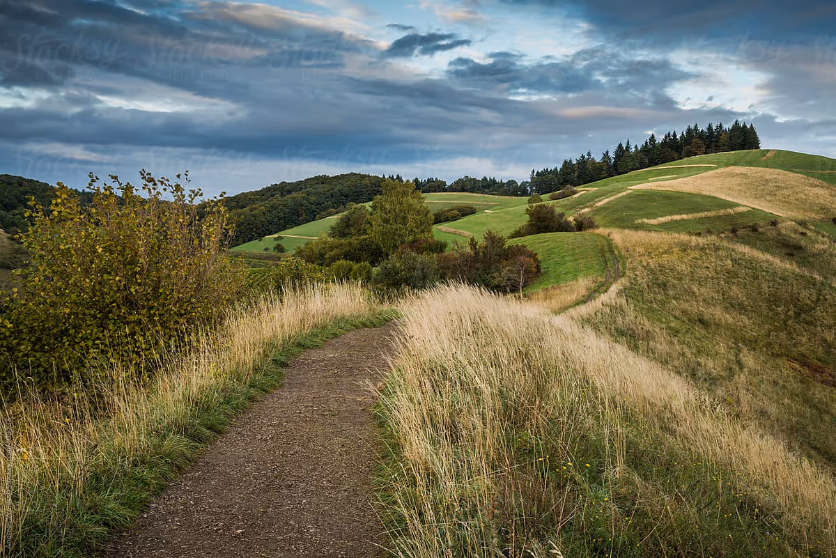 A winding dirt path through grassy rolling hills under a cloudy sky.