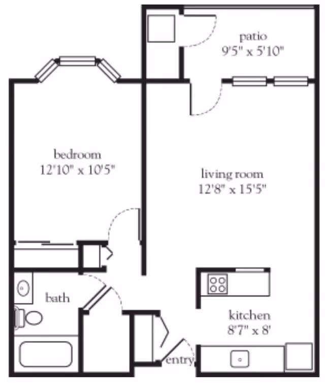 Floor plan of a one-bedroom apartment at Atria Kinghaven showing a bedroom, bathroom, kitchen, living room, entry, and patio with dimensions labeled for each room.