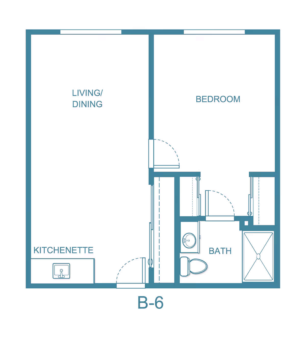 Floor plan layout labeled B-6 showing a living/dining area, a bedroom, a kitchenette, and a bathroom with a sink, toilet, and shower.