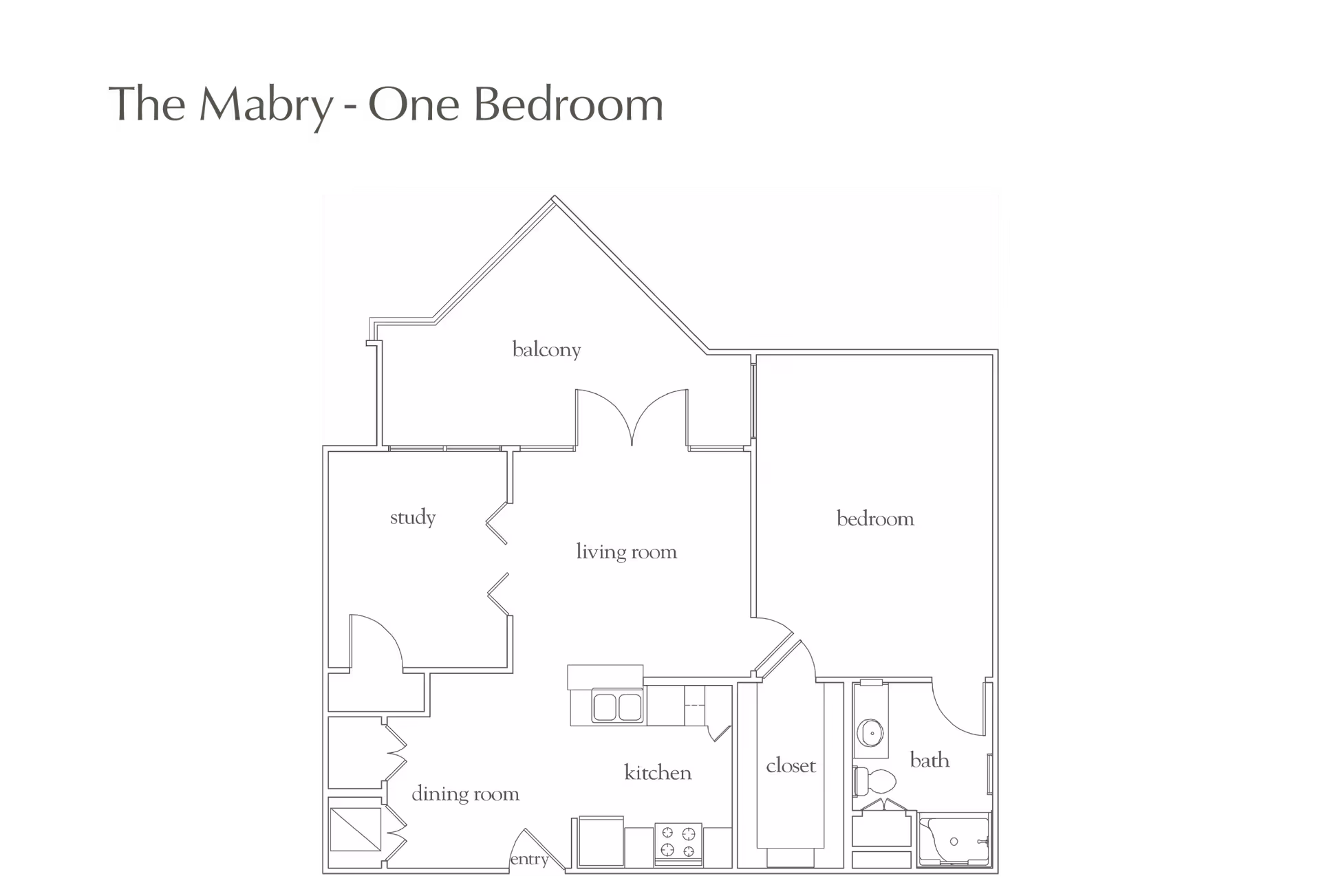 Architectural floor plan titled 'The Mabry - One Bedroom' showing labeled rooms including living room, bedroom, study, kitchen, dining room, bath, closet, and a balcony.