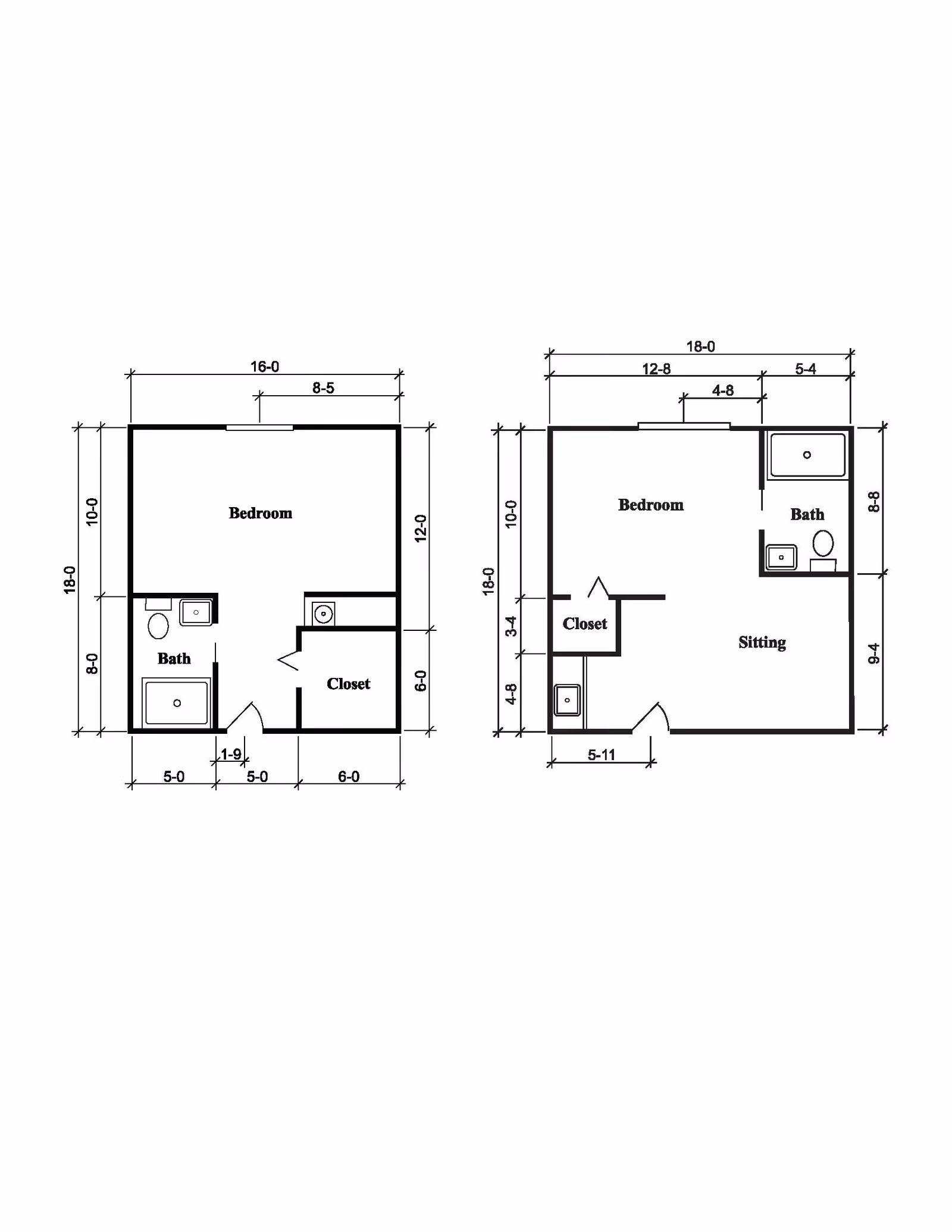 Architectural floor plans showing two layouts each with a bedroom, bathroom, and closet. The left plan includes a bedroom, bath, and closet with dimensions labeled. The right plan includes a bedroom, bath, closet, and a sitting area with dimensions labeled.