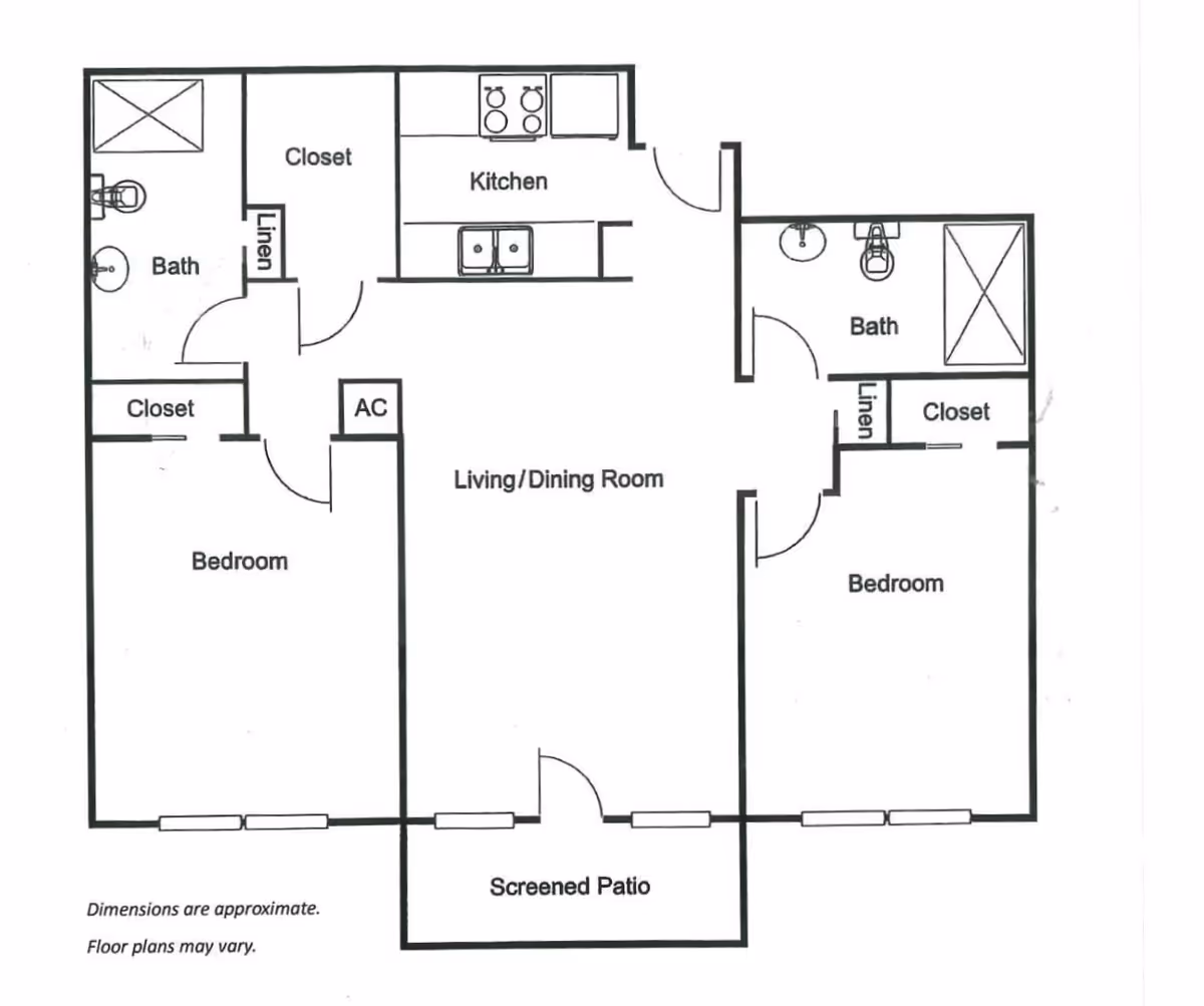 Floor plan of a two-bedroom apartment at Waterside Landing, showing two bedrooms each with a closet and bath, a kitchen, a living/dining room, an AC closet, linen closets, and a screened patio.