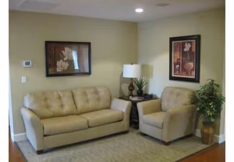 Neutral beige sofa and armchair in a cozy living room with plants and art