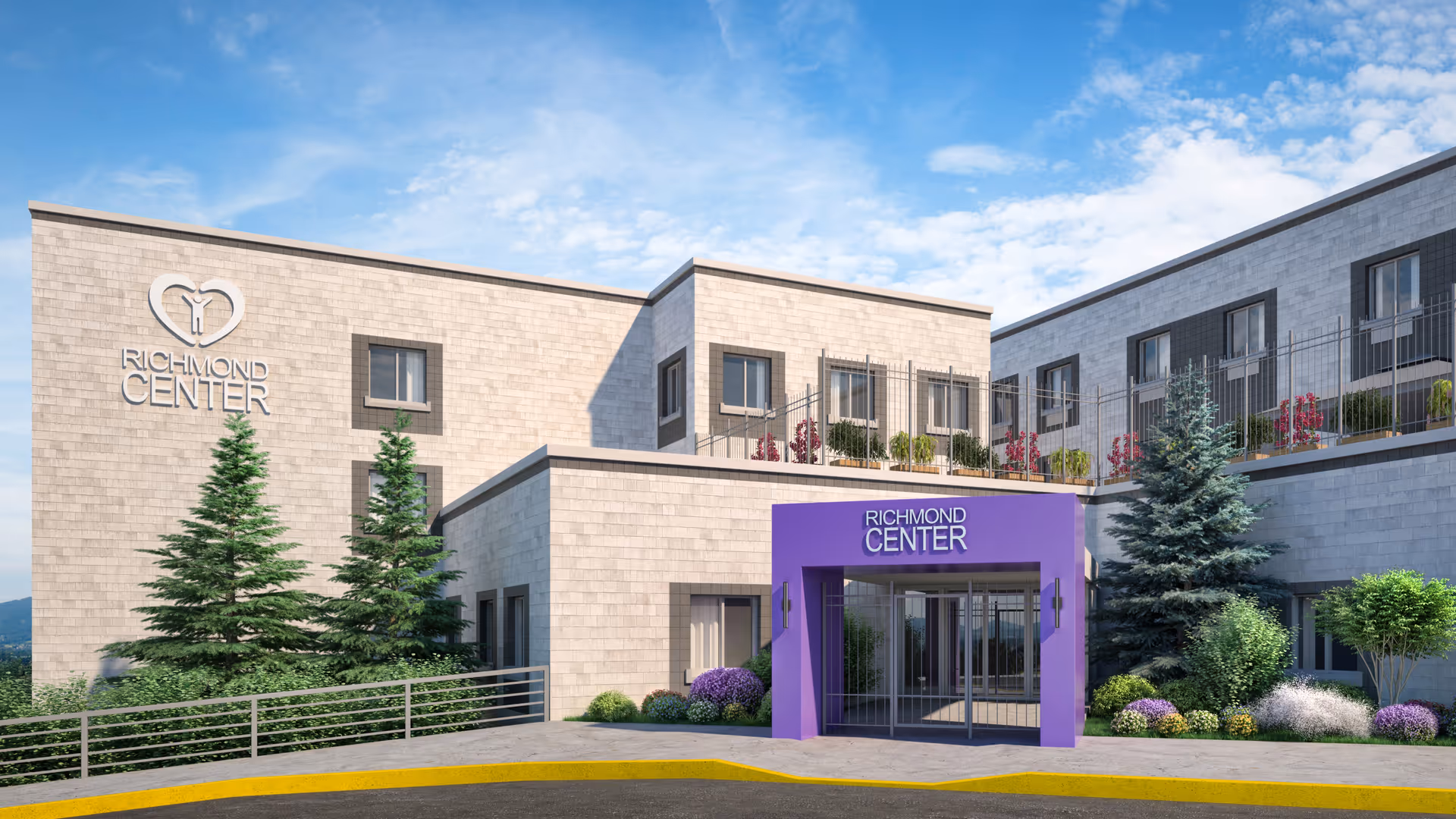 Exterior view of Richmond Center, a modern senior living facility with light-colored brick walls, multiple windows, and a purple entrance canopy. The building is surrounded by landscaped greenery including trees, bushes, and flowers under a partly cloudy blue sky.