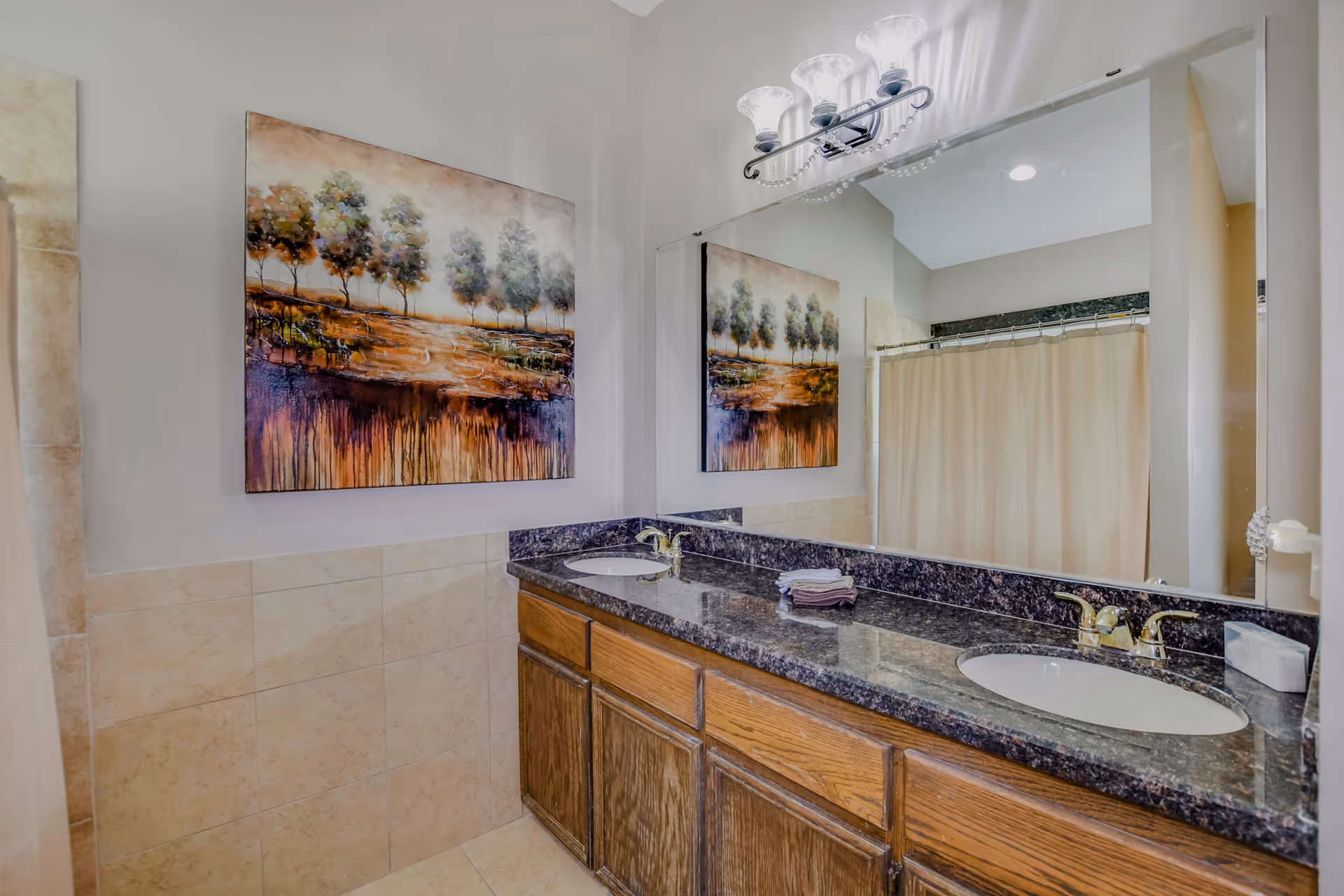 Double-sink bathroom vanity with dark granite countertop, large mirror, wall art and a shower with a beige curtain.