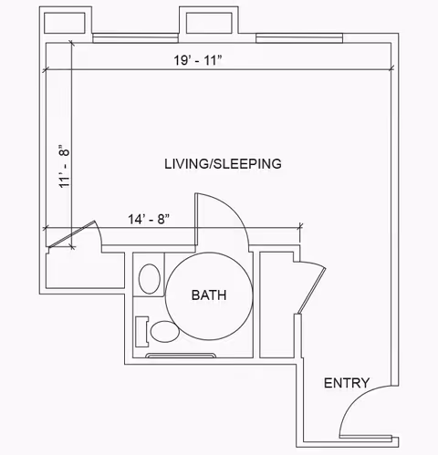 Architectural floor plan of a senior living unit at Camarillo Senior Living showing a combined living and sleeping area, a bathroom with toilet and sink, and an entryway.