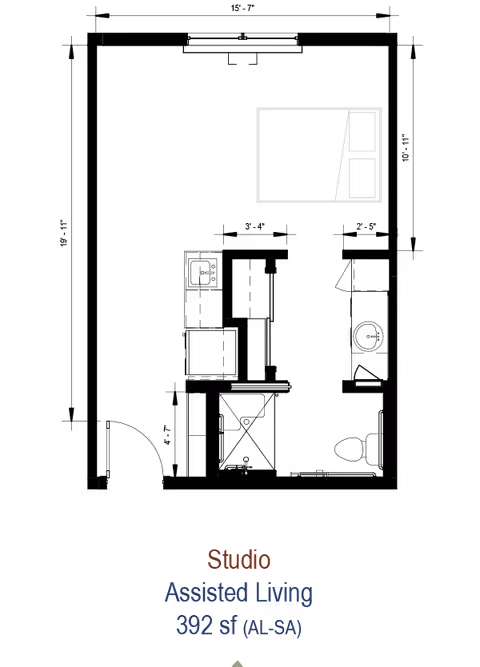 Architectural floor plan of a studio assisted living apartment measuring 392 square feet, showing the layout including a combined living and sleeping area, a bathroom, and an entryway.
