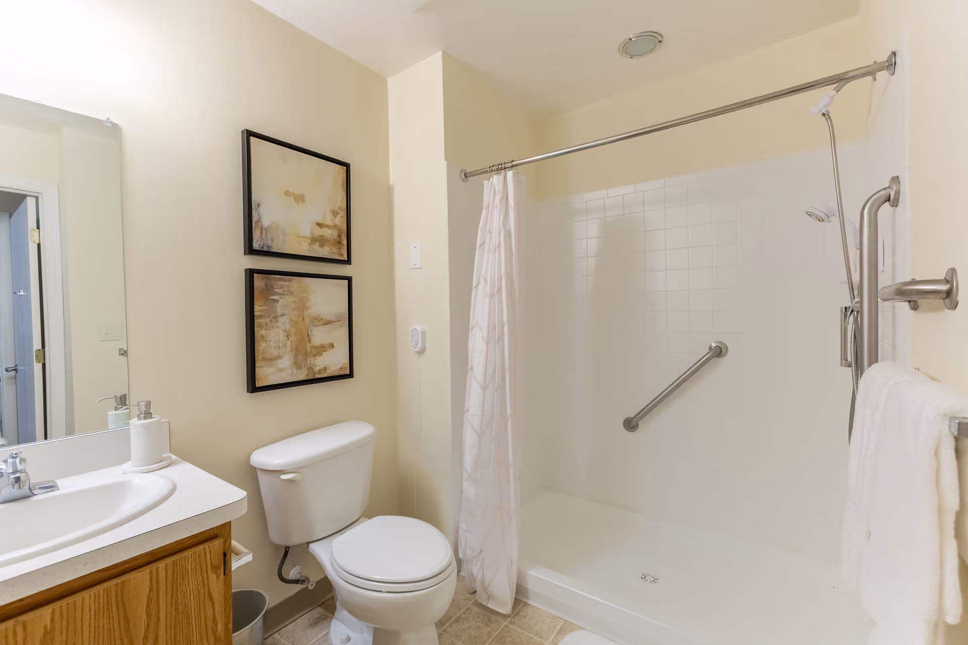 Bright accessible bathroom featuring a walk-in tiled shower with grab bars, a toilet, sink, and framed wall art.