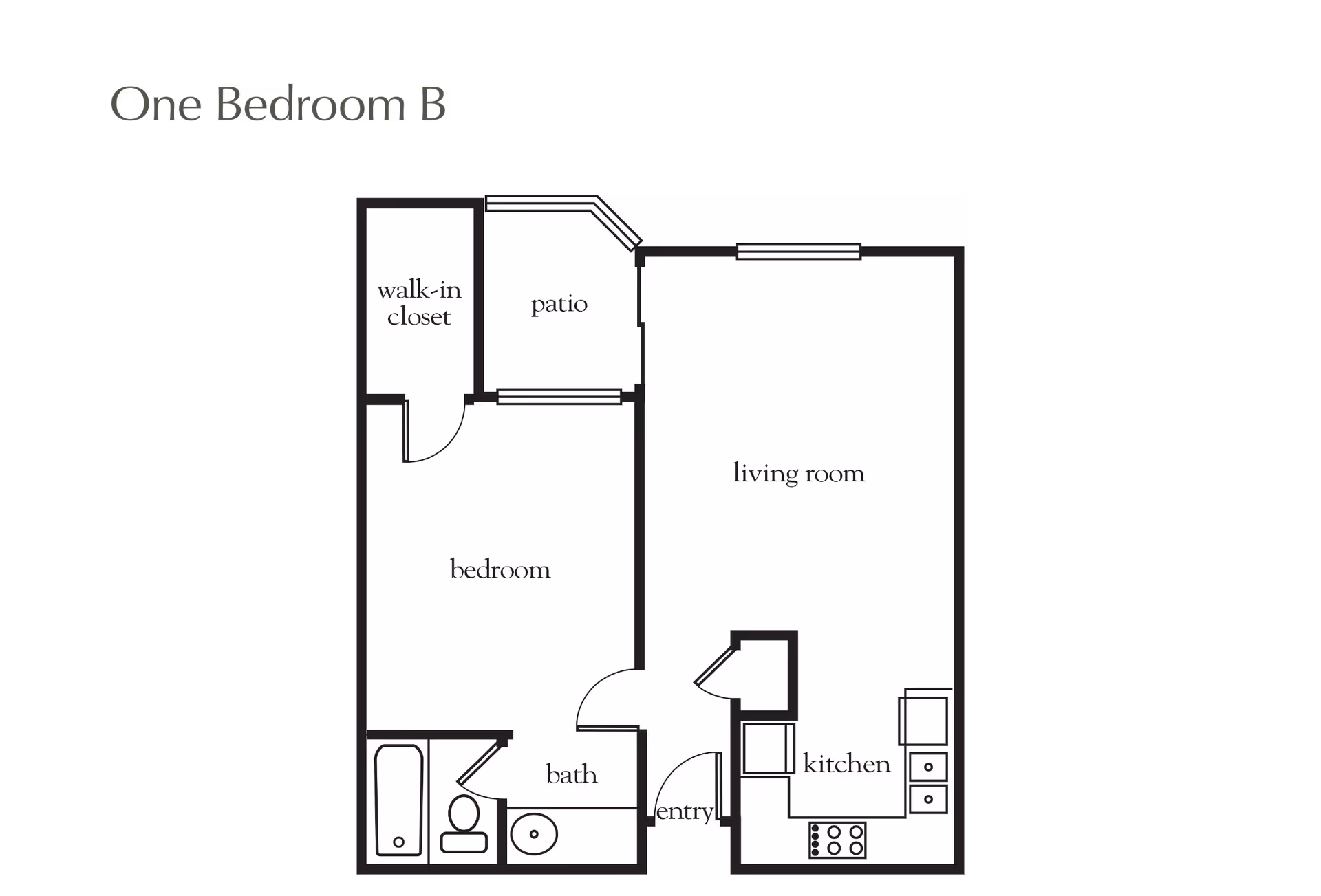 Floor plan labeled One Bedroom B showing a layout with a bedroom, walk-in closet, patio, living room, kitchen, bath, and entry area.