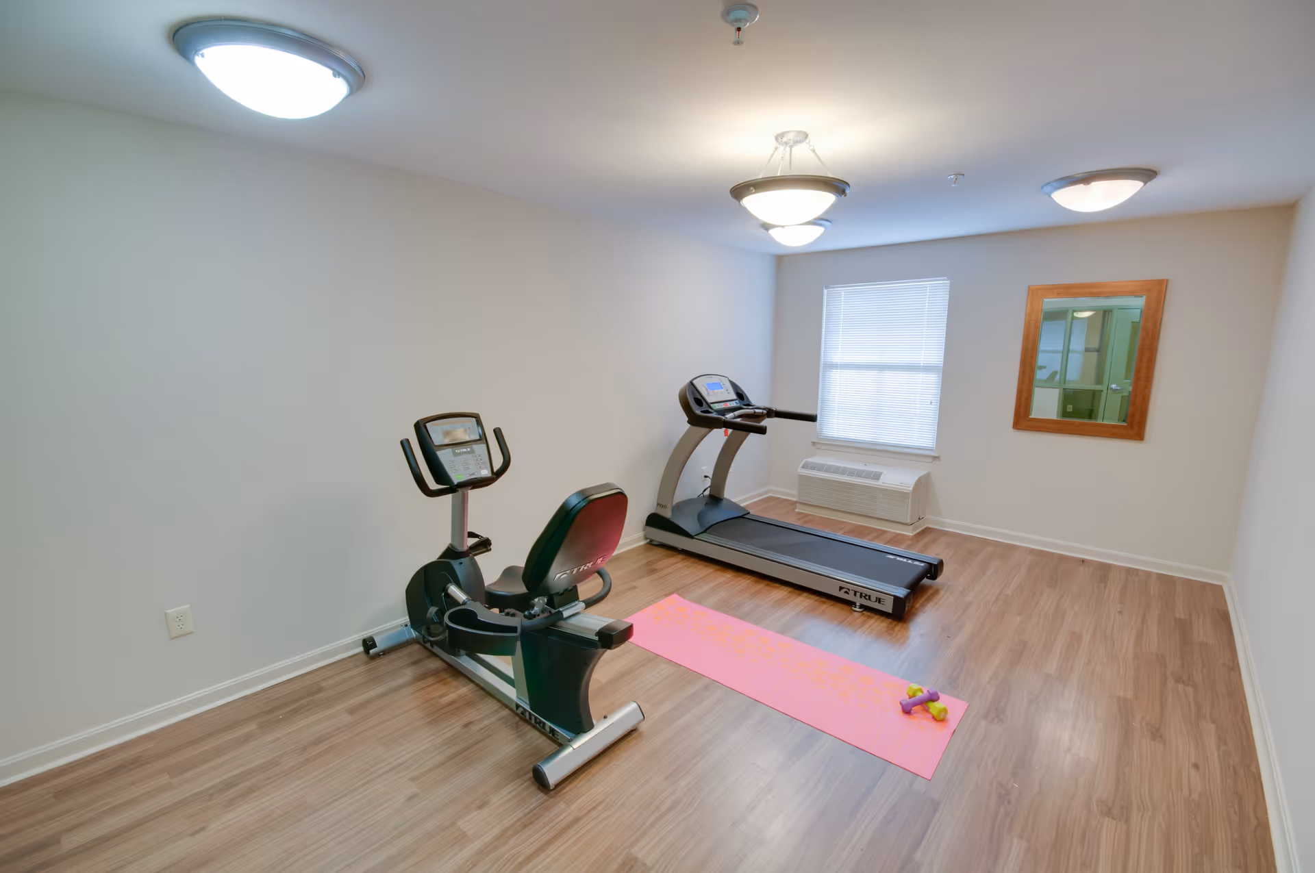 Small exercise room with a treadmill, recumbent bike, pink yoga mat and dumbbells on wood flooring under ceiling lights.