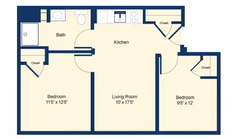 Floor plan of an apartment at Allerton House Weymouth showing two bedrooms, a bathroom, a kitchen, and a living room with dimensions and closet spaces.