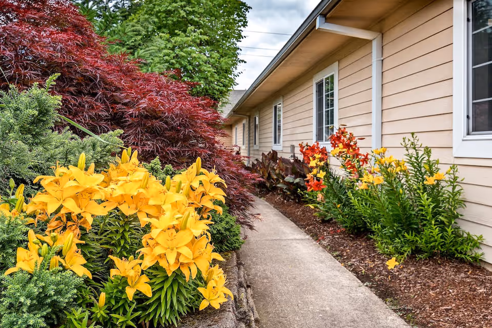 A concrete walkway bordered by vibrant yellow and orange flowers and green shrubs leads alongside a beige building with white-framed windows under a cloudy sky.