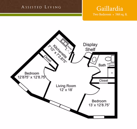Floor plan of Gaillardia, a two-bedroom assisted living unit with 588 square feet. The layout includes a living room measuring 12 by 18 feet, a kitchenette, two bedrooms with closets, a bathroom with linen storage, and a display shelf near the entrance.