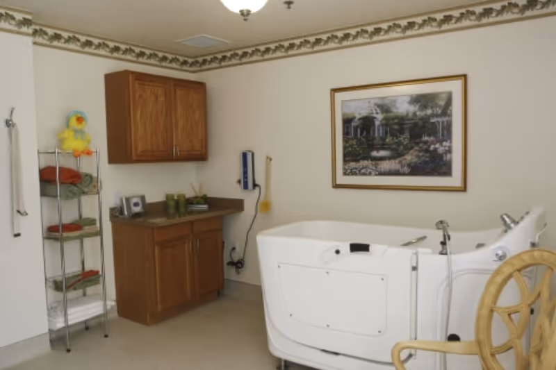 A senior-friendly bathroom with a walk-in bathtub, wooden cabinets, a towel rack with folded towels, and framed wall art.