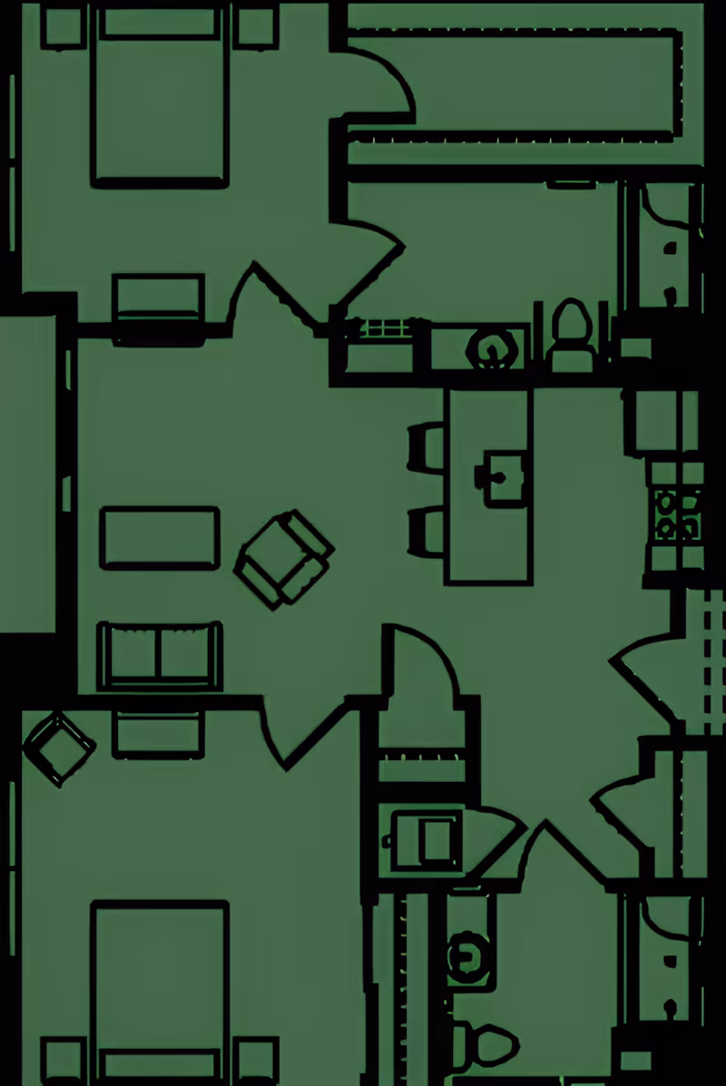 Stylized top-down floor plan of an apartment unit showing bedrooms, living room, kitchen, and bathrooms in green with black outlines.