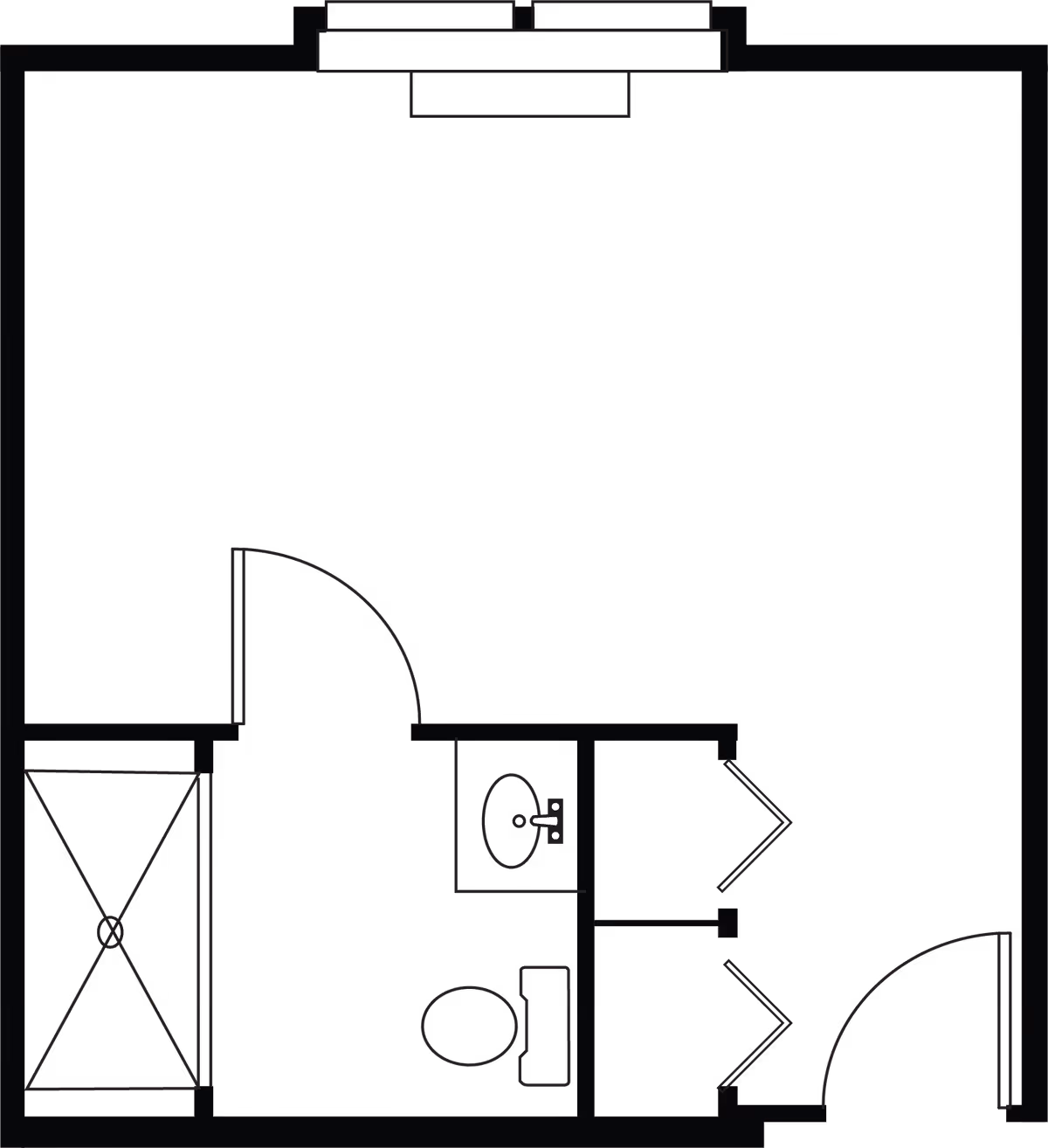 Floor plan layout of a small living space including a bathroom with a toilet, sink, and shower, and an adjacent room with two closets and an entrance door.