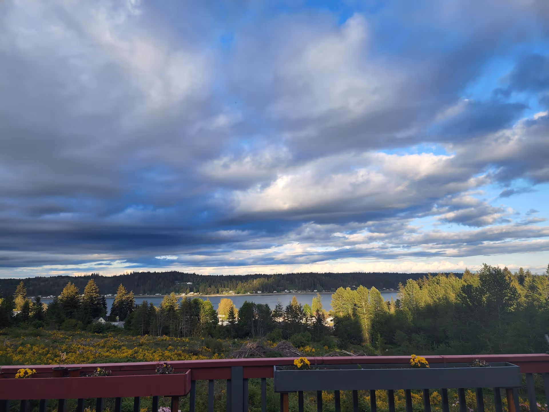 View from a balcony showing a railing with flower boxes overlooking trees, a lake shoreline, and a dramatic cloudy sky.