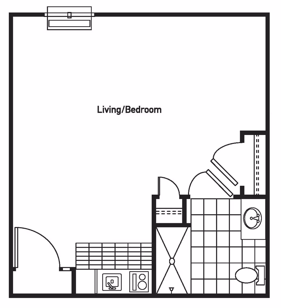 Architectural floor plan of a studio apartment layout labeled Living/Bedroom, featuring a combined living and sleeping area, a small kitchen with a sink and stove, and a bathroom with a shower, sink, and toilet.