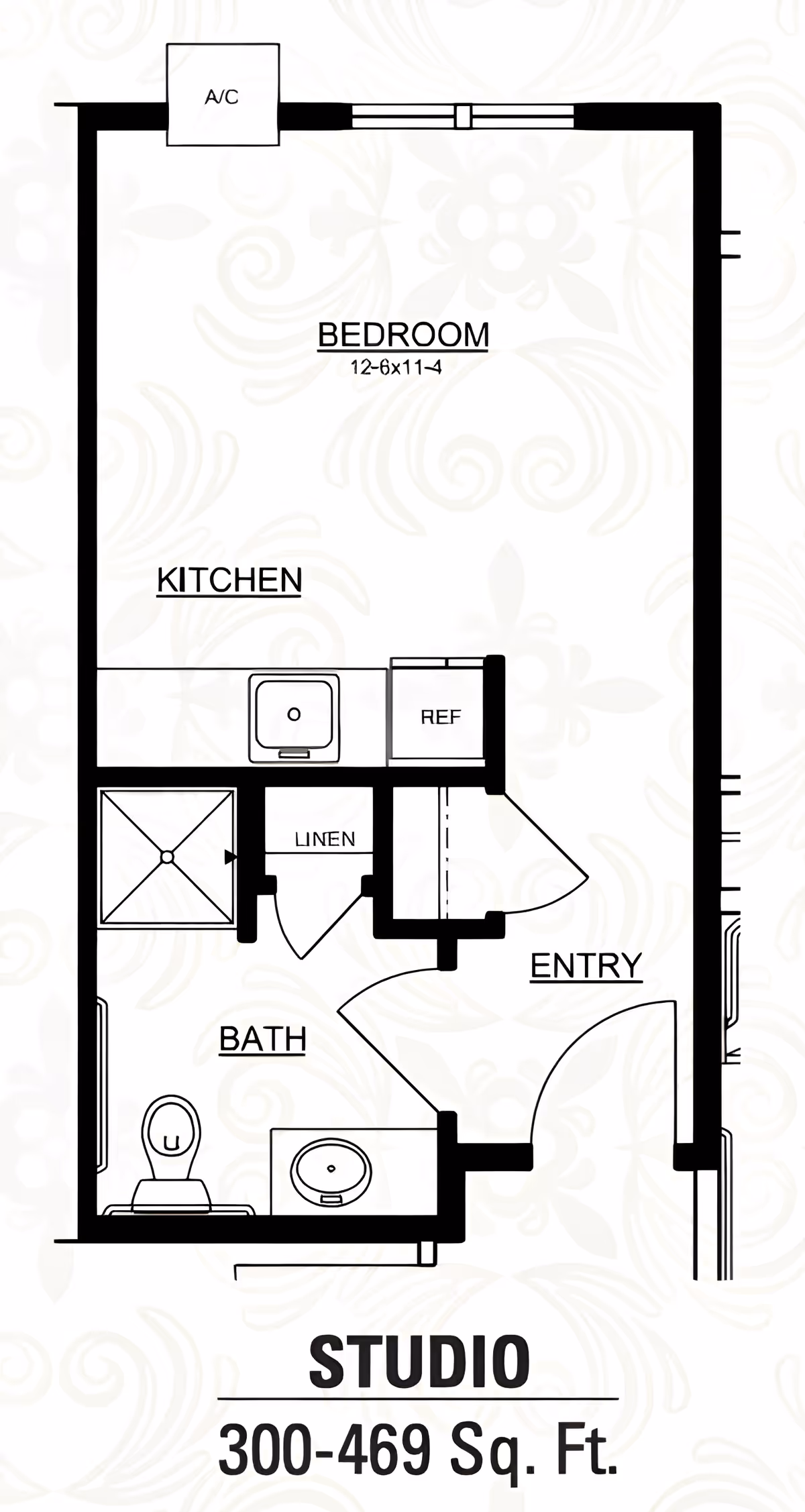 Floor plan of a studio apartment at Heritage Assisted Living & Memory Care showing a bedroom area measuring 12 feet 6 inches by 11 feet 4 inches, a kitchen with a sink and refrigerator, a bathroom with a toilet, sink, and shower, a linen closet, and an entryway. The total area ranges from 300 to 469 square feet.