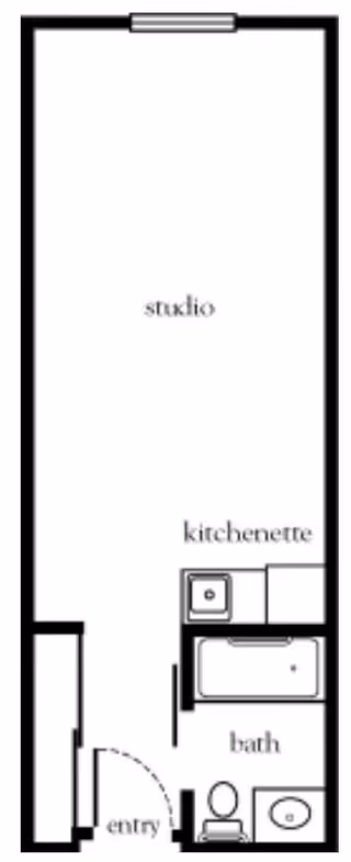 Floor plan of a studio apartment featuring an entry area, a kitchenette, a bathroom with a bathtub, toilet, and sink, and a main studio living space.