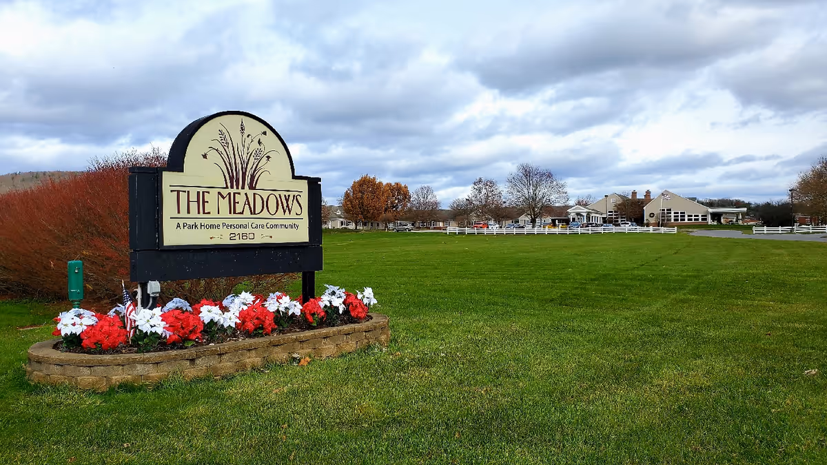A sign reading "The Meadows" stands on a landscaped lawn with flowers and the care facility buildings visible in the background under a cloudy sky.