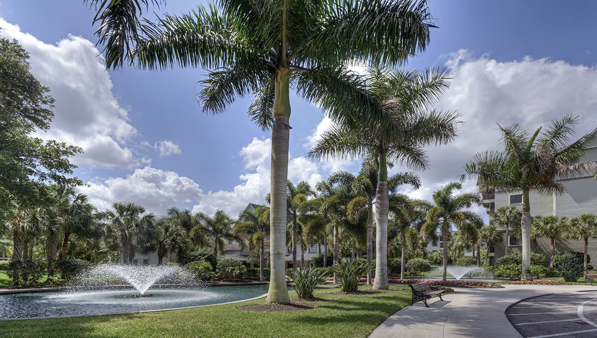 Landscaped outdoor courtyard with palm trees, fountains, benches and a walkway in front of a senior living building.