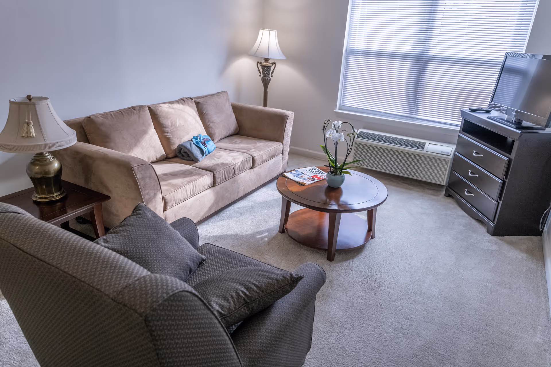 A cozy living room with a beige sofa, a dark patterned armchair, a round wooden coffee table with a potted plant and magazines, a floor lamp in the corner, a side table with a table lamp, a window with blinds, and a TV on a dark wooden stand.