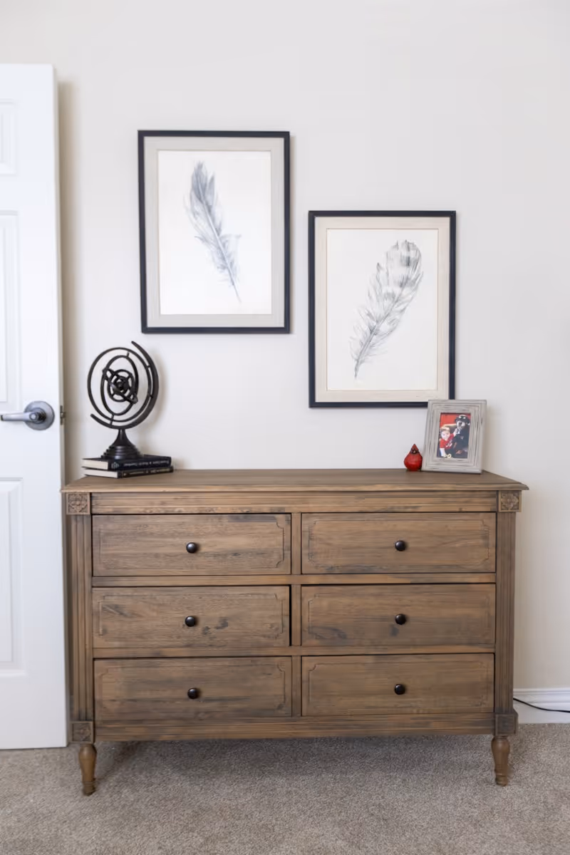 A wooden dresser with six drawers stands against a light-colored wall. On top of the dresser are two books with a decorative metal sculpture, a small red bird figurine, and a framed photo. Above the dresser, two framed feather illustrations hang on the wall. A white door with a silver handle is partially visible on the left side.