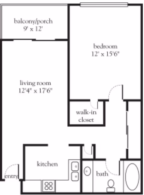 Floor plan of a one-bedroom apartment featuring a balcony/porch, living room, kitchen, bathroom, bedroom with a walk-in closet, and an entryway.