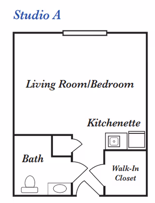 Floor plan of Studio A at The Gables showing a combined living room and bedroom area, a kitchenette, a bath with toilet and sink, and a walk-in closet.