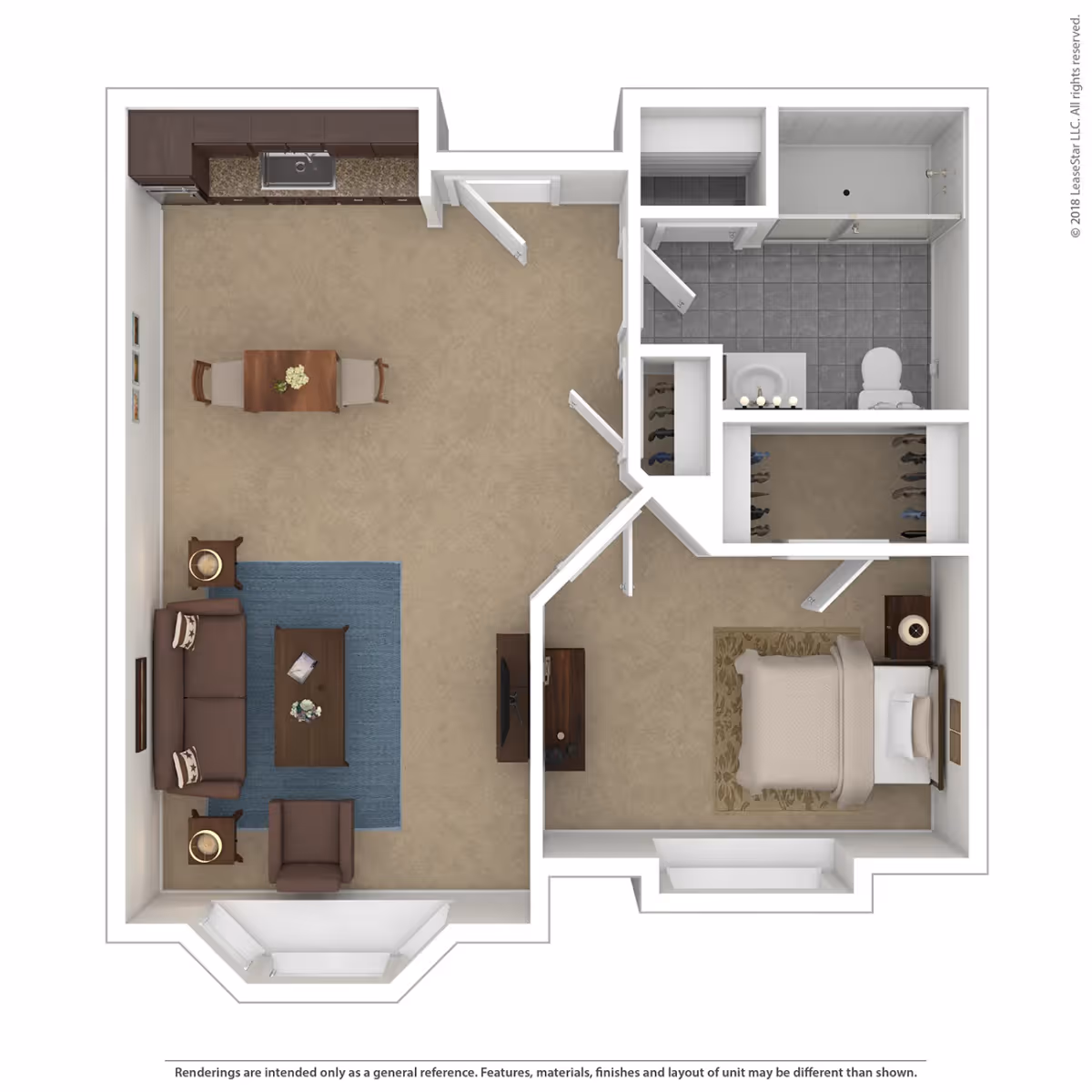 Top-down floor plan of a senior living apartment showing a living room with sofa, armchair, coffee table, and TV stand, a dining area with a table and two chairs, a kitchen with cabinets and a sink, a bedroom with a bed, nightstand, and dresser, a bathroom with a shower, toilet, and sink, and two closets.