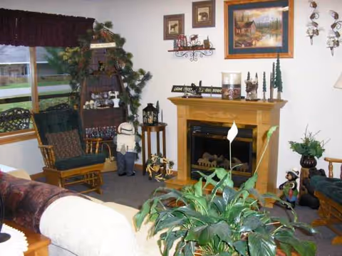 Cozy living room with fireplace, plants, and seating in a senior living facility.