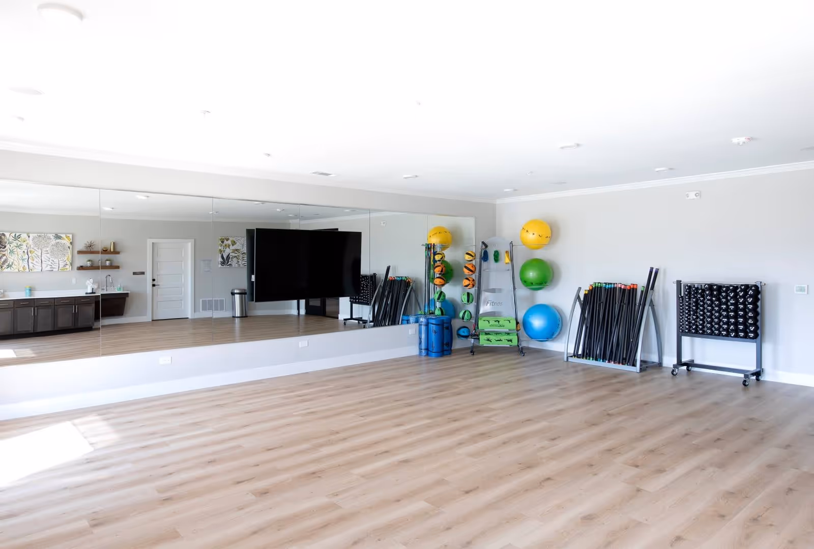 A spacious fitness or activity room with light wood flooring, a large wall mirror, a mounted flat-screen TV, and various exercise equipment including colorful exercise balls, weights, and fitness sticks. The room has light gray walls and a clean, bright atmosphere.