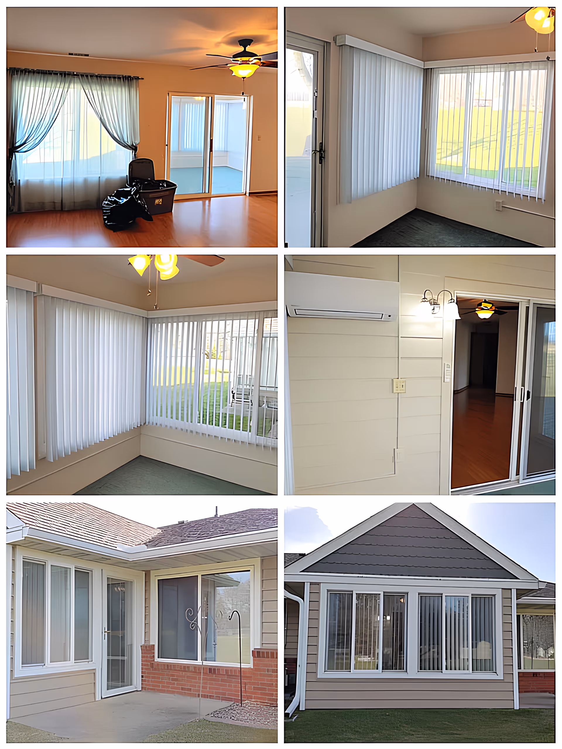 Collage showing a living room and sunroom with sliding glass doors, vertical blinds, ceiling fans, and exterior views of the building.