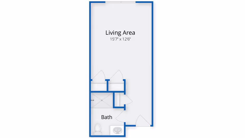 Floor plan layout showing a living area measuring 15 feet 7 inches by 12 feet 6 inches, with an adjacent bathroom including a toilet, sink, and shower.