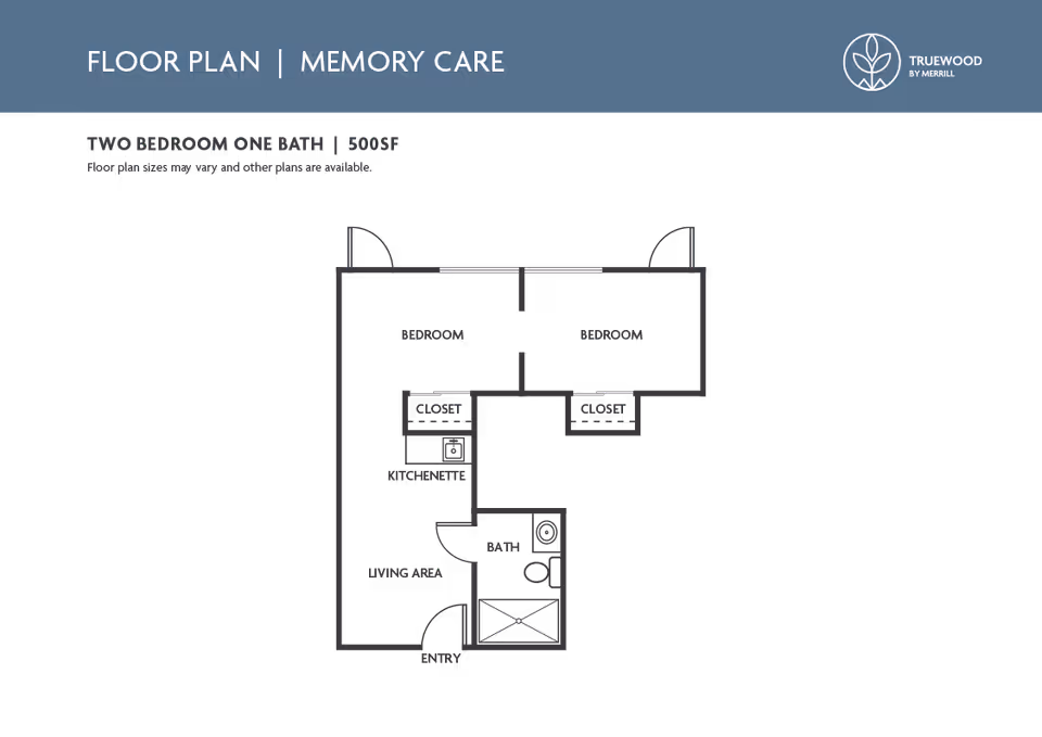 Simplified floor plan diagram of a memory care two-bedroom, one-bath 500 sq ft apartment showing bedrooms, closets, kitchenette, living area, bath, and entry.