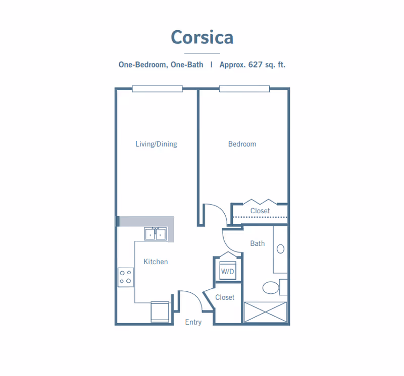 Floor plan of a one-bedroom, one-bath apartment named Corsica, approximately 627 square feet, showing layout with living/dining area, kitchen, bedroom, bathroom, closets, entry, and washer/dryer area.