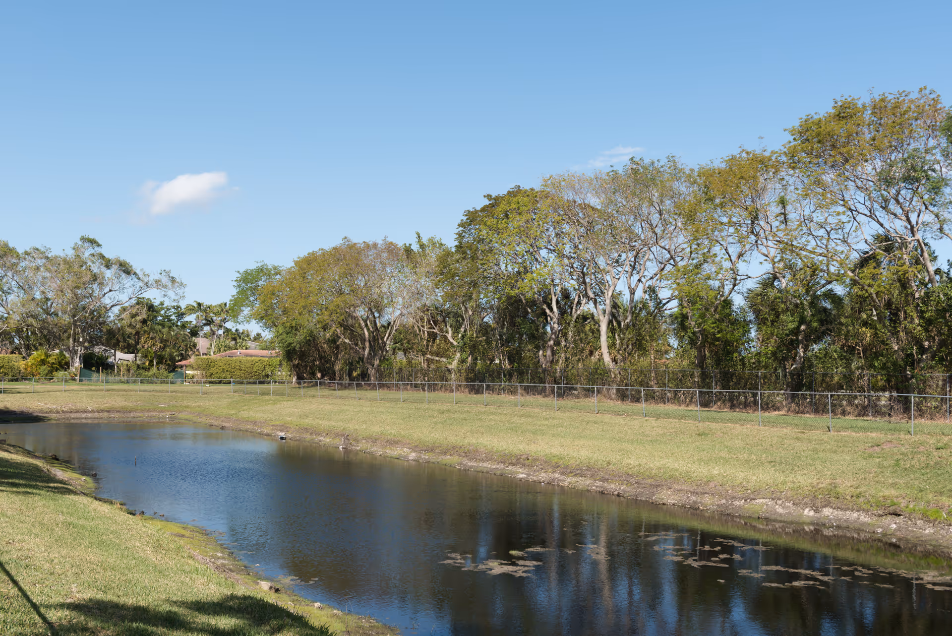 A calm outdoor scene featuring a narrow water canal bordered by grassy banks and a chain-link fence. Behind the fence, there are tall trees with green foliage under a clear blue sky with a few small clouds.